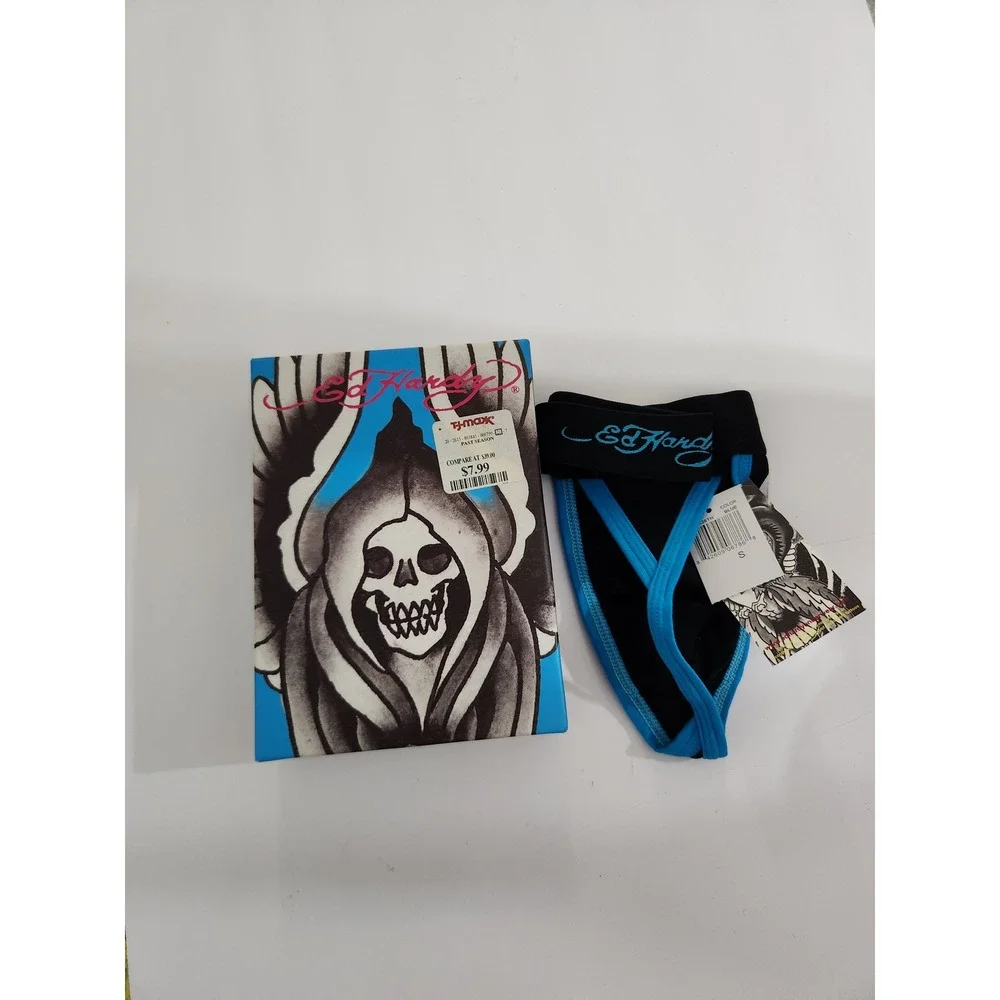 Ed‎ Hardy Thong Underwear Black Blue Skull Tattoo Graphic Mens Small 28-30 NEW